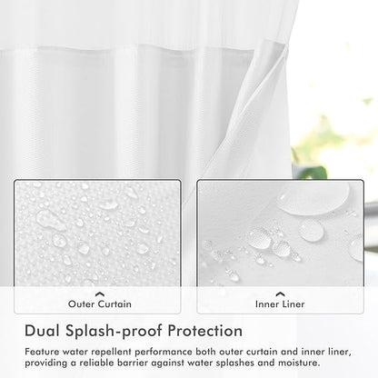Mrs Awesome No Hook Shower Curtain with Snap-in Liner Less Time On/Off, Embossed Waffle-Look Textured Fabric Shower Curtain for Bathroom Hotel Style, Washable, Soft & Lightweight, 71x74, White