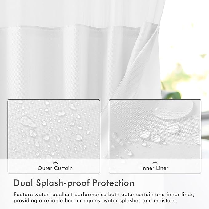 Mrs Awesome No Hook Shower Curtain with Snap-in Liner, Embossed Waffle Design Fabric Shower Curtain for Bathroom, Soft & Lightweight, 71x80, White