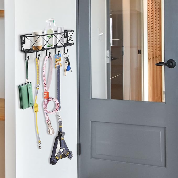 HappyHapi Key Holder for Wall Decorative, Entryway Key Hooks, Wall Mounted Key Rack with 5 Hooks, Metal Wire Mesh Basket Mail Holder, 9.8”Lx2.1”Wx4.1”H