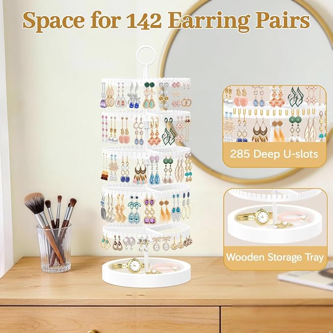 MODOWEY 5 Tier Rotating Earring Holder Organizer Display Tree with Wooden Tray, Adjustable Plastic Stand with 285 Slots for Stud Hoop Hanger, Large Capacity Storage Rack for Women Space Saving, White