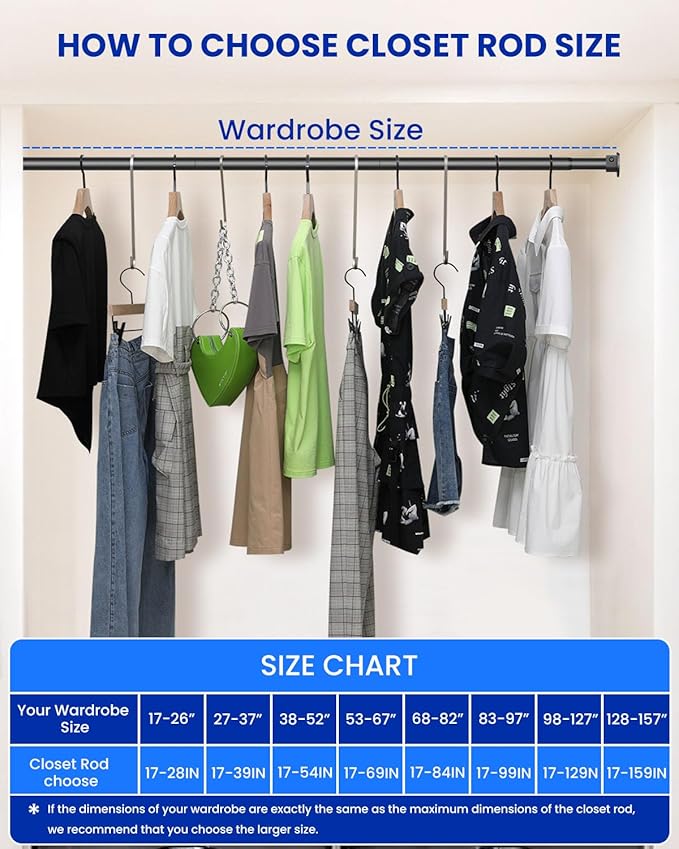 Closet Rods for Hanging Clothes, 17 to 69 Inches Stepless Adjustable Metal Closet Rod, 1.3 Inches Heavy Duty Clothes Hanging Rod for Closet Wardrobes Laundry RV, Black