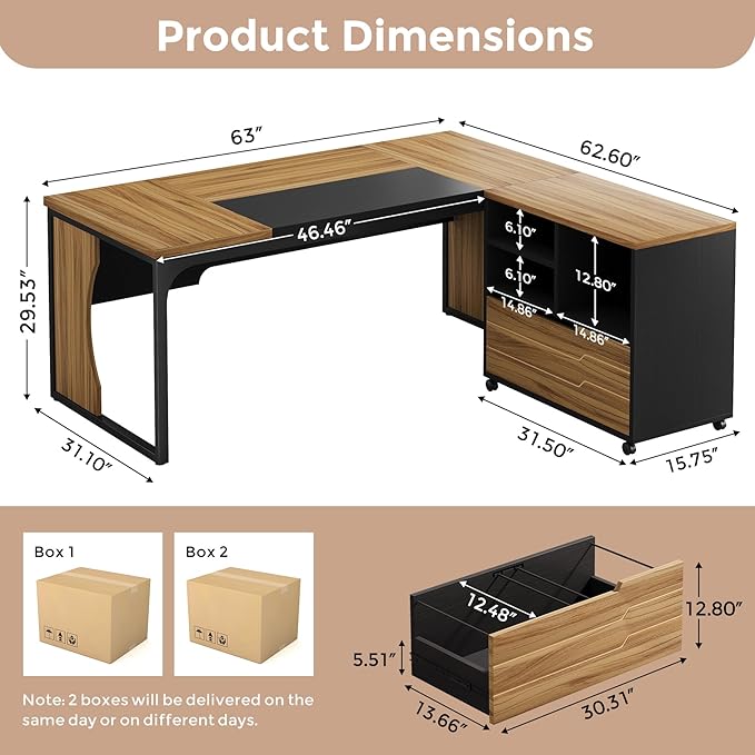 L Shaped Executive Computer Desk with Mobile File Cabinet and LED Light, 63 inch Large Office Table Business Furniture with Storage and Drawers for Home Office, Dark Walnut
