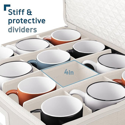 Hearth & Harbor Coffee Mug Storage, Quilted and Stackable Coffee Cup Storage Organizer for Service of 12, Mug Storage Box with Dividers, China Containers Hard Shell for Moving and Organization, Cream