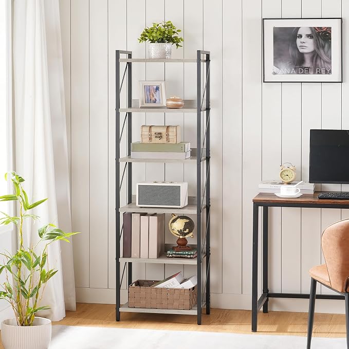 HOOBRO Bookshelf, 6-Tier Industrial Bookcase, Book Shelf Storage Organizer, Tall Bookshelf with Metal Frame for Living Room, Bedroom, Home Office, Kitchen, Greige and Black BG72SJ01