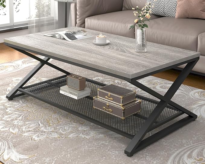 LVB Gray Coffee Table, Farmhouse Wood Metal Center Table with Storage for Living Room, Industrial Wooden 2 Tier Rectangle Cocktail Tea Table with Mesh Shelf for Office Bedroom, 47 inch, Light Grey Oak
