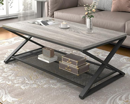 LVB Gray Coffee Table, Farmhouse Wood Metal Center Table with Storage for Living Room, Industrial Wooden 2 Tier Rectangle Cocktail Tea Table with Mesh Shelf for Office Bedroom, 47 inch, Light Grey Oak