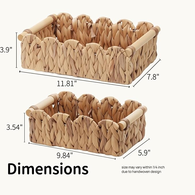 Water Hyacinth Scalloped Edge Baskets with Wood Handle, Set of 2 – Handwoven Natural Decor Storage Bins for Bathroom, Vanity & Farmhouse Home Style