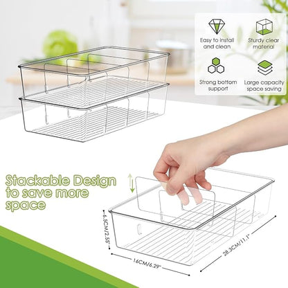 ZIZOTI Snack Organizer for Pantry Shelf, 2 Pack Clear Plastic Pantry Storage Bins with 3 Dividers for Snacks, Spices, Chips Food Organizer, Stackable Pantry Organizers for Kitchen, Fridge, Cabinet