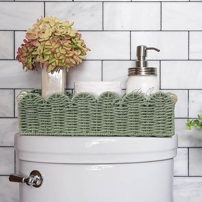 CubesLand Scalloped Decor Basket for Living Room, Home, Bathroom, 2SAME SIZE Paper Rope Basket, Toilet Storage Baskets for Over Toilet Storage Shelf, Cozy Woven Basket Both Storage&Decor, Green
