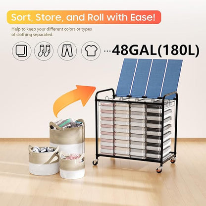 Laundry Sorter 4 Sections 48 Gal, Rolling Laundry Basket with Lockable Wheels and Lid, Laundry Hamper with 4 Separated Removable Bags Dirty Clothes Hamper for Laundry Room Organizer, Blue