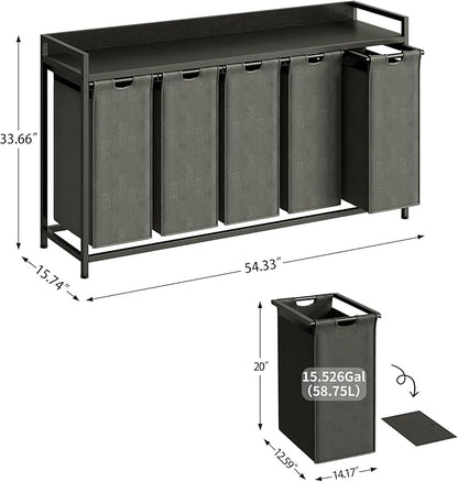 Laundry Hamper with Shelf, Laundry Basket 5 Section, Laundry Sorter with Pull-Out Removable Large Bags and Movable Wheels, Metal Frame, 5 x 15.87 Gallons (60L), Black PF08XLB