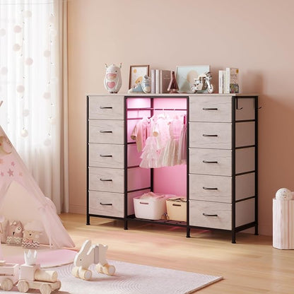 LUMTOK 55W 2-in-1 Dresser with Hanging Rack, 10 Drawers Dresser for Bedroom,Dressers with Fabric Drawers,LED Lights, Charging Station and Hanging Racks for Bedroom (Greige)