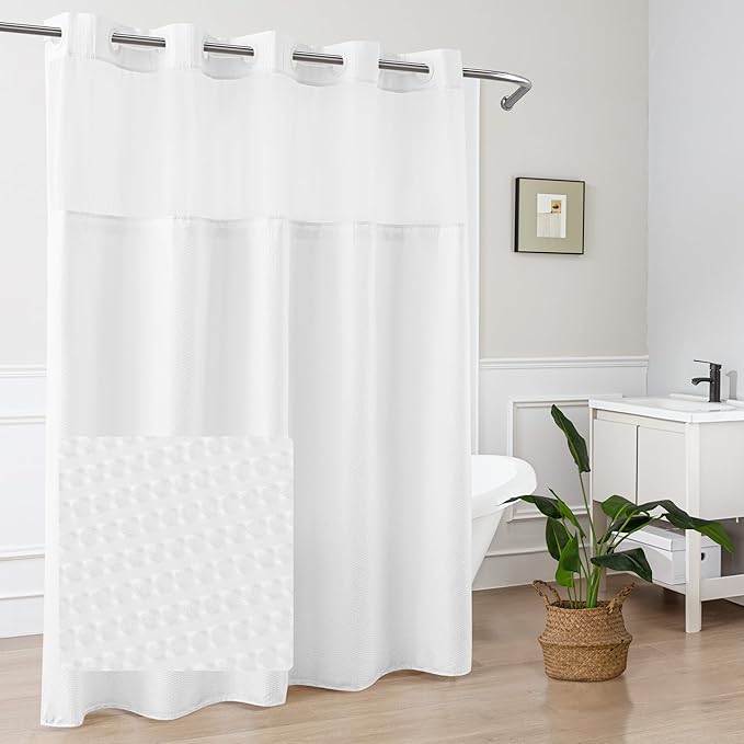 Mrs Awesome No Hook Shower Curtain with Snap-in Liner, Embossed Waffle Design Fabric Shower Curtain for Bathroom, Soft & Lightweight, 71x80, White