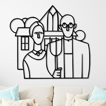 Modern American Gothic Wall Art - Unique Line Art Home Decor for Living Room and Bedroom - Stylish Farmhouse Wall Decor, Artistic Metal Wall Sculpture, Gift for Art Lovers and Homeowners (18 x 17 inches)