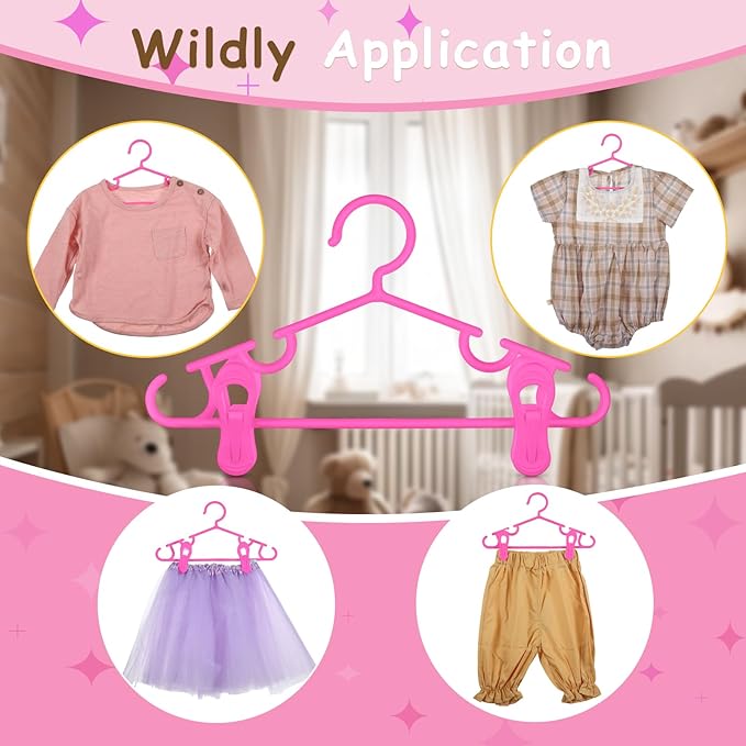 Hsei 5/10/40 Pack Baby Hangers with 10/20/80 Clips, Plastic Kids Pants Hangers for Nursery Closet Top and Bottom Clothes Hanger Set for Newborn Infant Toddler(120 Packs Total,Pink,10.6 Inch)