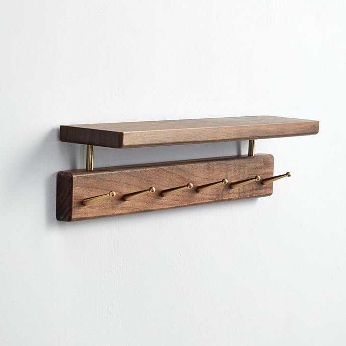 Solid Wood Shelf with Hooks, 19 inch Coat Rack Wall Mount, Shelves with 6 Brass Hooks for Hanging in Entryway, Living Room, Bathroom, Bedroom, Kitchen(Walnut)