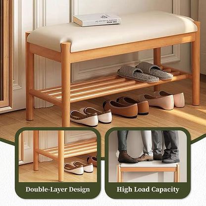 Solid Wood Shoe Bench with Cushion, 2-Tier Shoe Rack for Front Door Entrance, Enterway Benches with Shoe Storage (Natural, 39.4in)