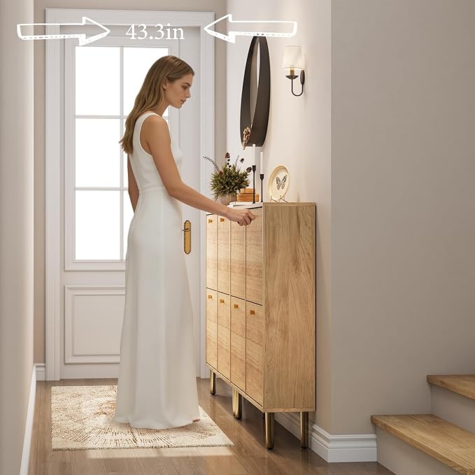 Nicetree Shoe Storage Cabinet for Entryway - 4 Flip Drawers Shoe Cabinet with Tiered Fluted Design - Slim Shoe Storage Rack with Gold Legs - Narrow Shoe Cabinet Hidden Shoe Organizer for Small Spaces