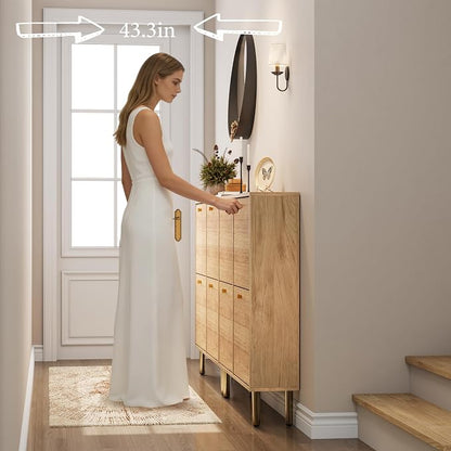Nicetree Shoe Storage Cabinet for Entryway, Modern Natural Shoe Cabinet with Tiered Fluted Design, 9.5" Slim Shoe Rack for Small Spaces, 4 Flip Drawers Narrow Shoe Cabinet for Small Space