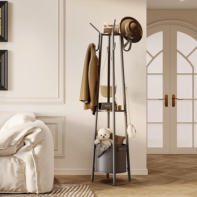 Homeiju Coat Rack Freestanding with Storage Basket & 12 Hooks, Heavy Duty Hall Tree for Entryway, Standing Coat Rack with Shelf for Hallway, Bedroom, Office Organization