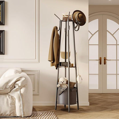 Homeiju Coat Rack Freestanding with Storage Basket & 12 Hooks, Heavy Duty Hall Tree for Entryway, Standing Coat Rack with Shelf for Hallway, Bedroom, Office Organization