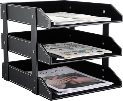 KINGFOM Letter Tray, Leather Paper Organizer Tray, Wooden Desk File Holder, Desktop File, Stackable Magazine Holder, Mail Sorter, Great for Home or Office - 3 Level Black