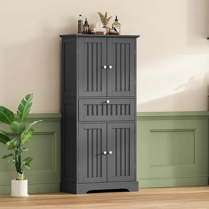 ChooChoo 51" H Tall Bathroom Floor Cabinet, Modern Bathroom Storage Cabinet with Drawer and Adjustable Shelves, Freestanding Kitchen Pantry Cupboard with 4 Doors for Living Room, Black