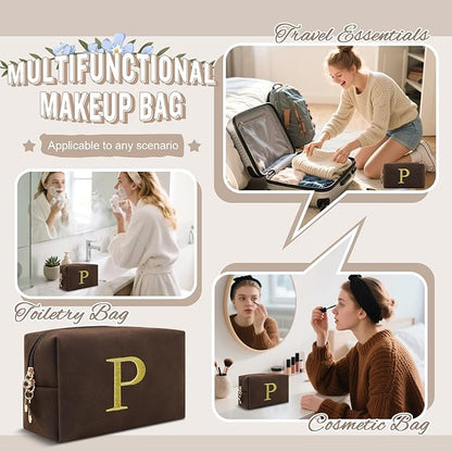 Personalized Initial Makeup Bag,Preppy Suede Cosmetic Bag for Teen Girls,Small Monogram Travel Toiletry Bag With Gold Embroidered Letter,Trendy Stuff Custom Christmas Gift for Women(Coffee-P)