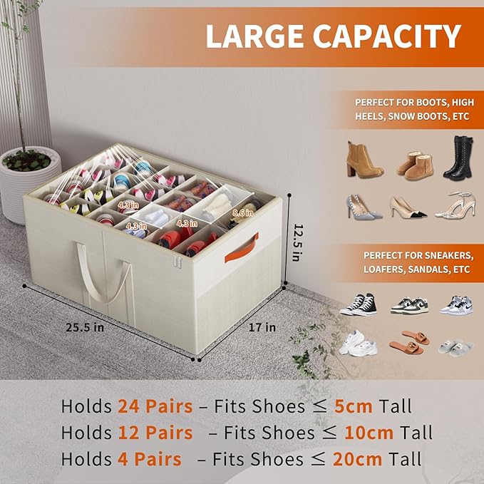 Aokeyee Shoe Organizer for Closet, 2 Pack Large Shoe Storage Box Fits up to 24-48 Pairs, Space Saving Foldable Shoes Organizer Bin w/Clear Cover and 4 Reinforced Handles, Beige