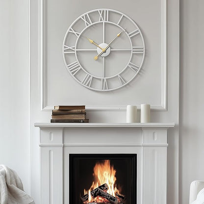 Cuspin Silver Wall Clock for Living Room Decor, 24 Inch Large Metal Wall Clock Modern Luxury Roman Numeral Analog Battery-Operated Round Decorative Clocks for Bedroom, Kitchen, Office