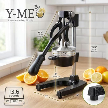 Y-ME Cast Iron Juicer, Heavy Duty Manual Citrus Press with Stainless Steel Detachable Strainers, Hand Juicer for Orange, Lemon, Lime & Grapefruit, Easy to Clean, Black