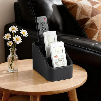 PU Leather Remote Control Holder, Small Desk Organizer Office Supply Bedside Caddy for Nightstand End Table Couch, Pen Remote Organizer with 3 Compartments (Black)