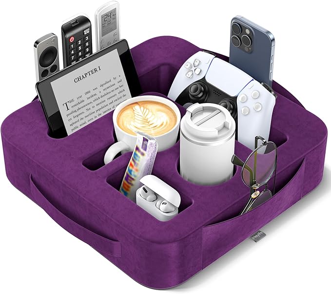 Couch Cup Holder Pillow, Sofa and Bed Caddy for iPad, Kindle, Switch, Game Controller, Remotes, Phones, Small-Sized Cup and Drink Holder for Couch, Bed, Desk, Car, Beach, Bathroom Cup Holder, Purple