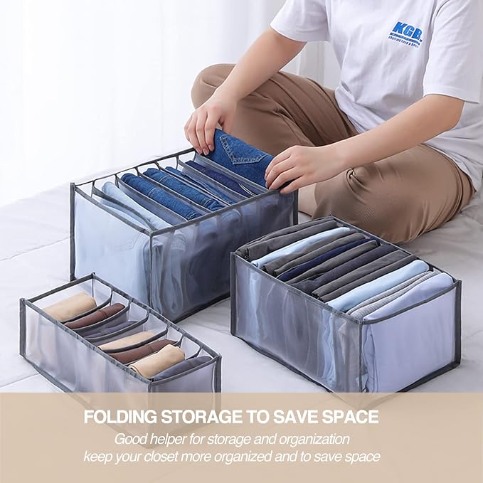 Wardrobe Clothes Organizer 7 Grids Portable Closet Organizer Mesh Separation Storage Box Foldable Closet Drawer Organizer for Underwear Socks Scarves Leggings (Grey, 2 Leggings Grid)