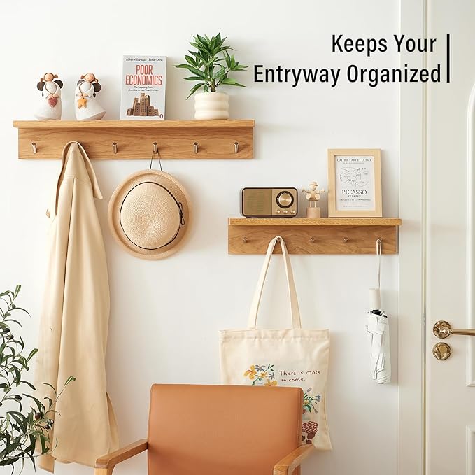 Wall Hooks with Shelf Oak Wood Coat Rack Shelf Wall Mounted, Entryway Shelves with 5 Metal Hangers for Clothes Hats Towel for Bathroom, Bedroom, Living Room (Natural, 20 inches)