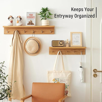 Wall Hooks with Shelf Oak Wood Coat Rack Shelf Wall Mounted, Entryway Shelves with 6 Metal Hangers for Clothes Hats Towel for Bathroom, Bedroom, Living Room (Natural, 27.5 inches)