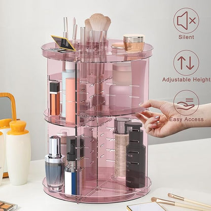 Rotating Makeup Organizer, DIY 8 Adjustable Layers Spinning Skincare Storage, Cosmetic Display Case with Brush Holder and Perfume Tray, Multi-Function Vanity Bathroom Countertop Organizer Clear Pink