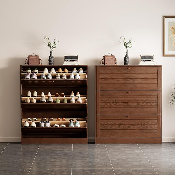 KungFuWood Soild Wood Shoe Storage Cabinet with 3 Flip Drawers for Entryway,Narrow Shoe Rack Cabinet with Adjustable Shelves,Morden Hidden Shoe Organizer,Foyer, Hallway