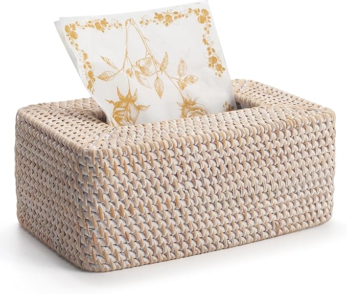 Rattan Tissue Box Cover Natural Woven Facial Napkin Holder Rectangular 10 x 6.1 x 4.1 Inch (White)
