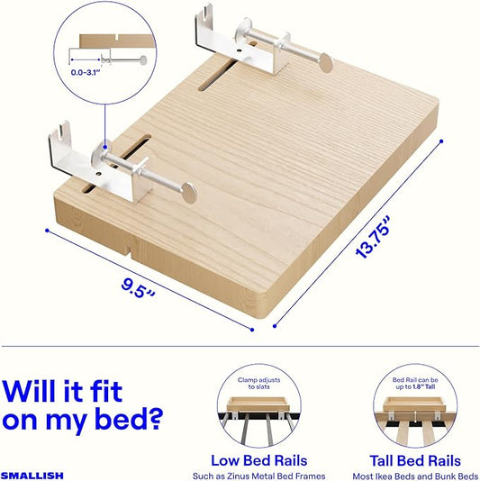 BedShelfie Wood Bedside Shelf for Bunk Bed & Top Bunk, College Dorm Room Essentials, Loft Nightstand, Floating Bed Side Table Tray Storage, Dorm Room Decor By Smallish - (DormEssential Wood, Natural)