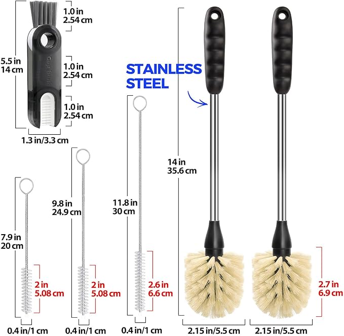 Holikme 6 Pack Bottle Brush Tube Set, 14" Long Handle Stainless Steel Bottle Cleaner Brush, 3 Straw Brushes, Portable 3-in-1 Bottle Cleaning Brush for Water Bottle Cups Baby Bottle Straws, Yellow