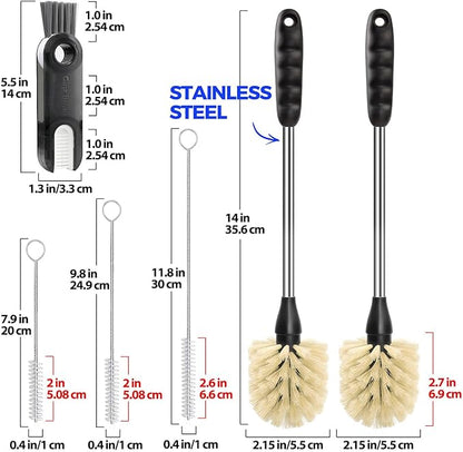 Holikme 6 Pack Bottle Brush Tube Set, 14" Long Handle Stainless Steel Bottle Cleaner Brush, 3 Straw Brushes, Portable 3-in-1 Bottle Cleaning Brush for Water Bottle Cups Baby Bottle Straws, Yellow