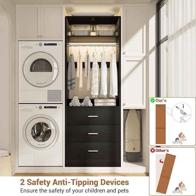 Besiost Freestanding 2FT Closet System with 3 Wood Drawers, 24" Closet Organizer System with Hanging Rod & Shelves, Walk-in Closet Systems for Small Closets, Black (24"L x 15" W x 80" H)