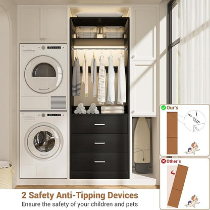 Besiost Freestanding 2FT Closet System with 3 Wood Drawers, 24" Closet Organizer System with Hanging Rod & Shelves, Walk-in Closet Systems for Small Closets, Black (24"L x 15" W x 80" H)