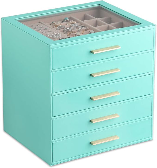 Frebeauty Clear Lid Jewelry Box,5-Layer Jewelry Organizer with Drawer,PU Leather Jewelry Organizers and Storage,Jewelry Boxes for Women,Jewelry Storage for Rings Earring Stud,Gift for Women(Turquoise)
