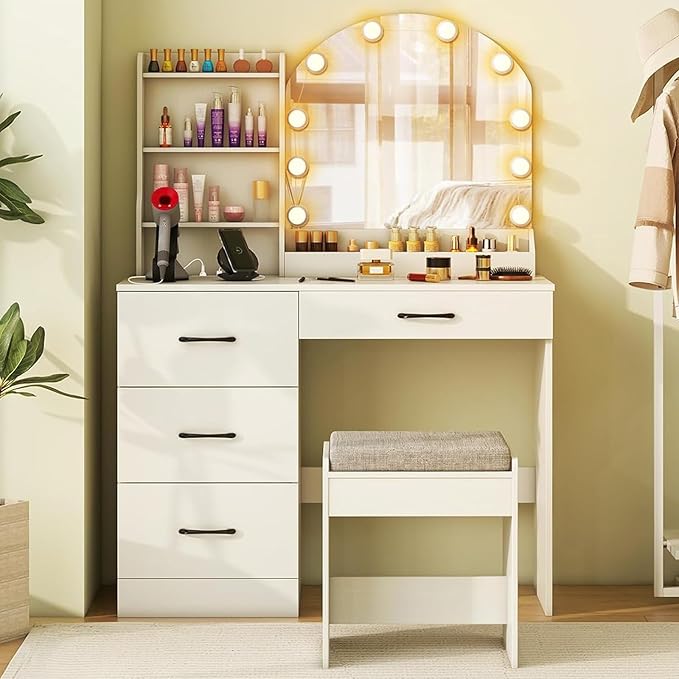COSTWAY Vanity Desk with Mirror and Lights, Dressing Table with Charging Station, 3 Shelves, 1 Tabletop Storage Organizer, 4 Drawers and Stool, Bedroom Makeup Vanity Set for Girl, Teen, Women (White)
