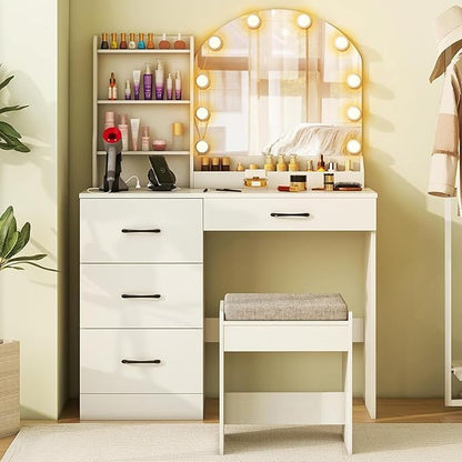 COSTWAY Vanity Desk with Mirror and Lights, Dressing Table with Charging Station, 3 Shelves, 1 Tabletop Storage Organizer, 4 Drawers and Stool, Bedroom Makeup Vanity Set for Girl, Teen, Women (White)