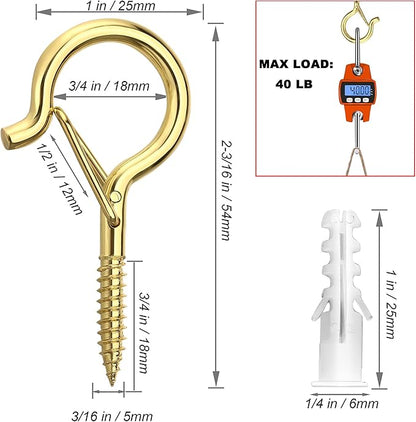 PlusRoc 20 Pack Screw Hooks for Hanging Christmas Lights Outdoor Seasonal Lighting, Heavy Duty 2.2 Inch Eye Hook Screw Cup Ceiling Hook Q-Hanger for Patio Lights, Wall Wood Ceiling Deck Mount(Gold)
