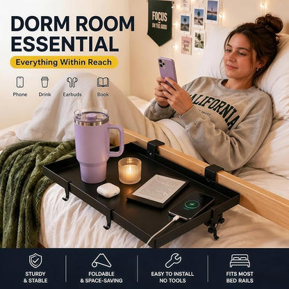 Foldable Bedside Shelf for Bunk Beds, Heavy Duty Metal Clip-On Nightstand Tray, 12.6 x 9.25 Inch Loft Bed Side Table with Cord Hole, Dorm Room College Essentials, Black