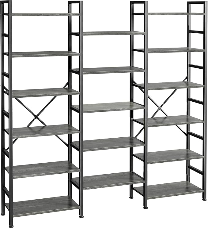 SUPERJARE Triple Bookshelf, Bookcase with 11 Open Display Shelves, Wide Book Shelf Book Case for Home & Office, 6 Tier, Grey